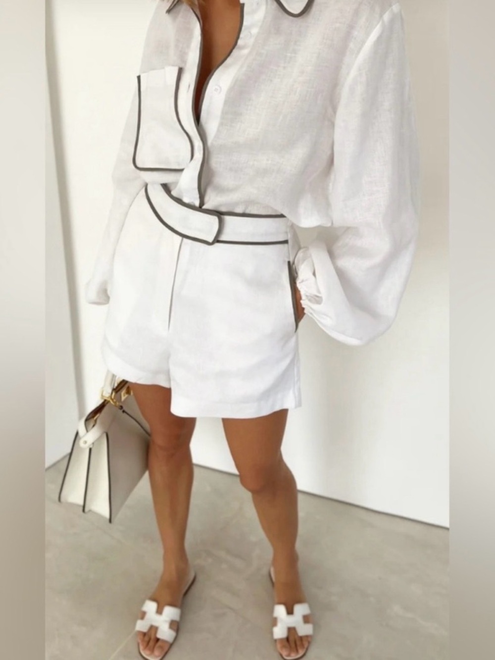Commense Cotton & Linen Contrast Trim Two Piece Shorts Set Size Medium NWT